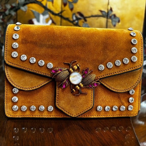 *SOLD** Yellow Suede Bag with Pink Crystal bug Embellishment - Picture 11 of 12